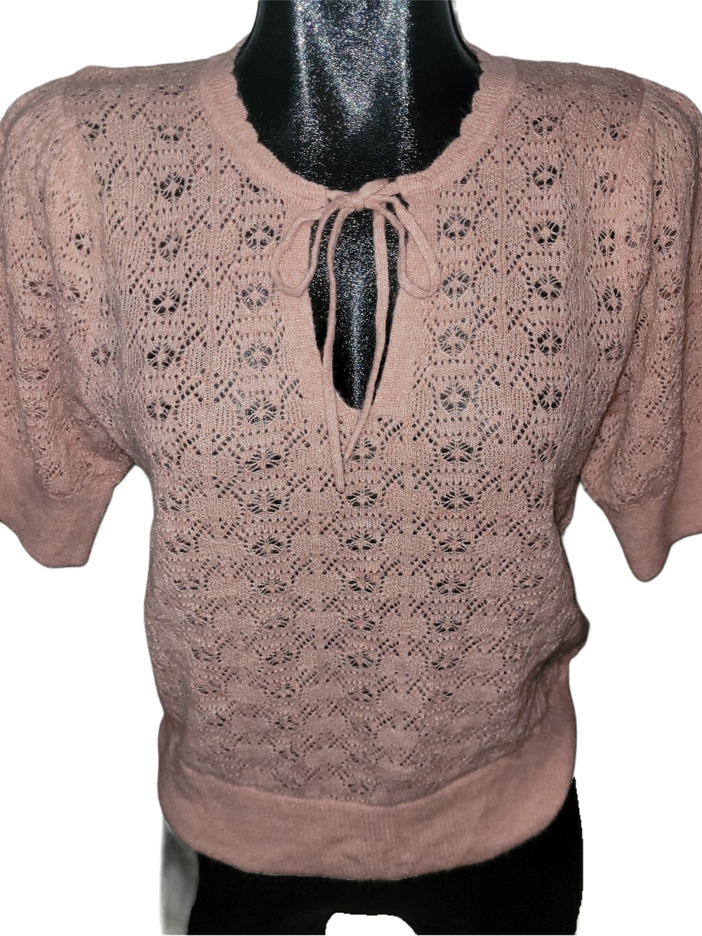 Old Navy Blush Pink Wool Blend Knit Short Puff Sleeve Tie-Neck Sweater Size M